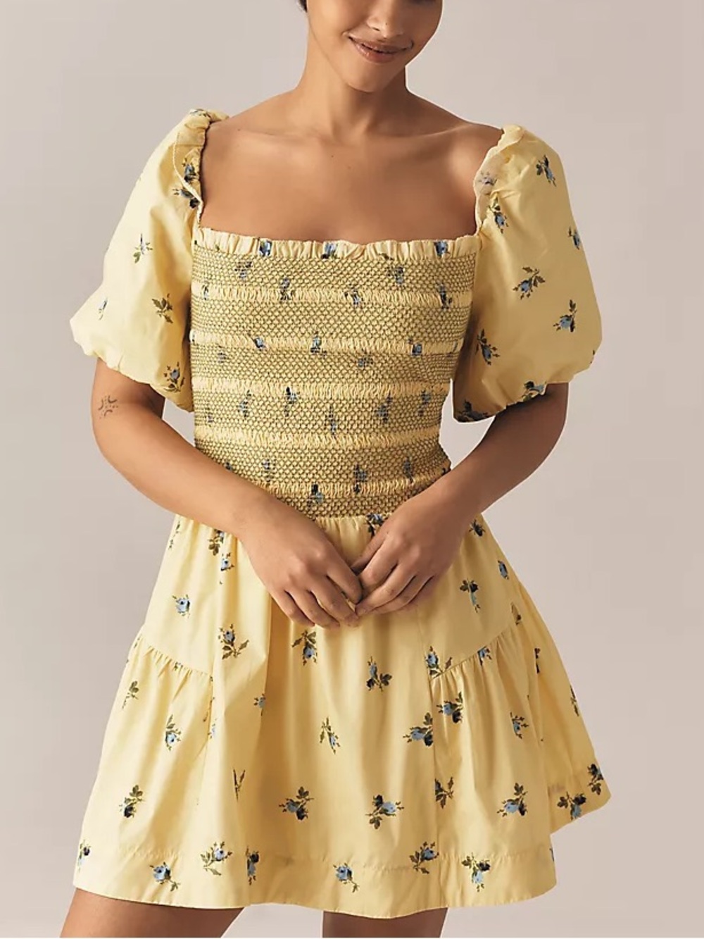 ANTHROPOLOGIE By Anthropologie Puff-Sleeve Square-Neck Smocked Mini Dress